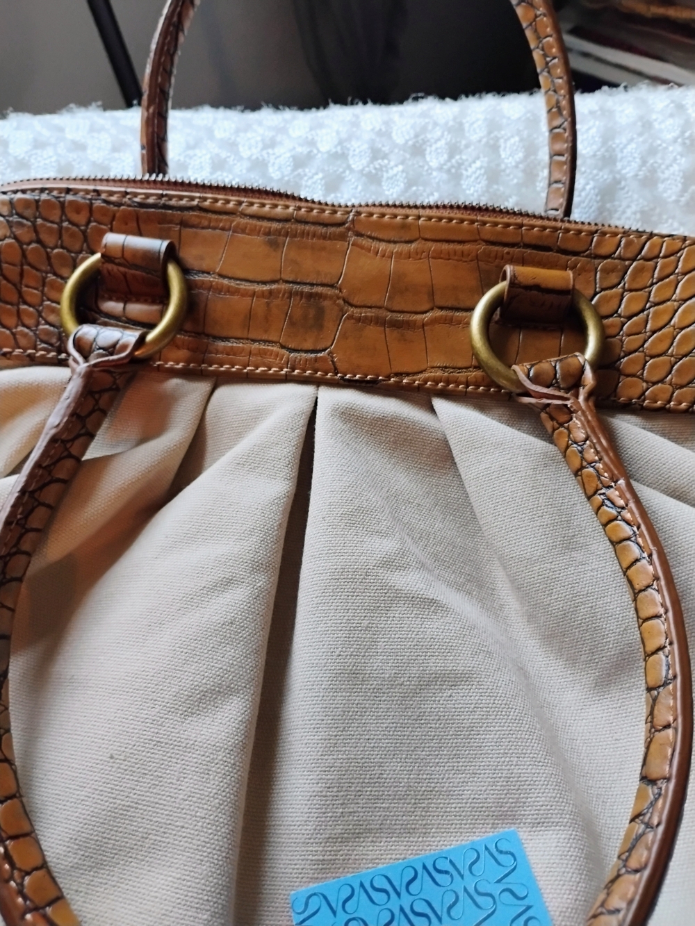Simply Vera Vera Wang Tan Croc-Trim Tote with Cream Canvas Body